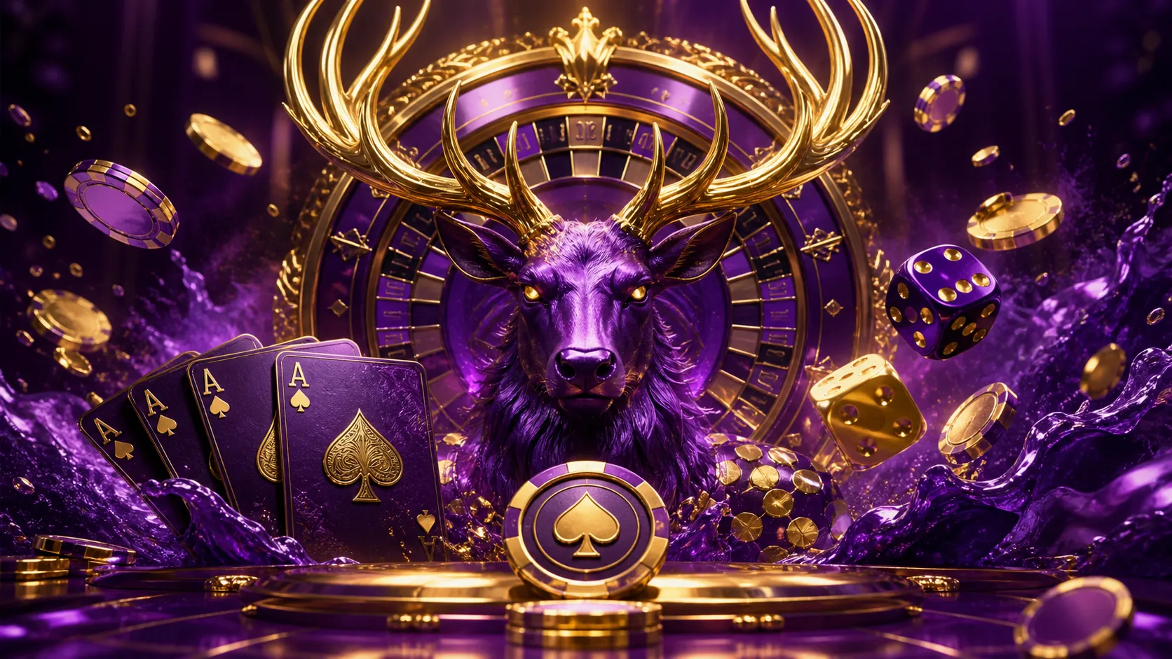 Luxury casino-themed banner with glossy 3D render of floating poker chips and dice.